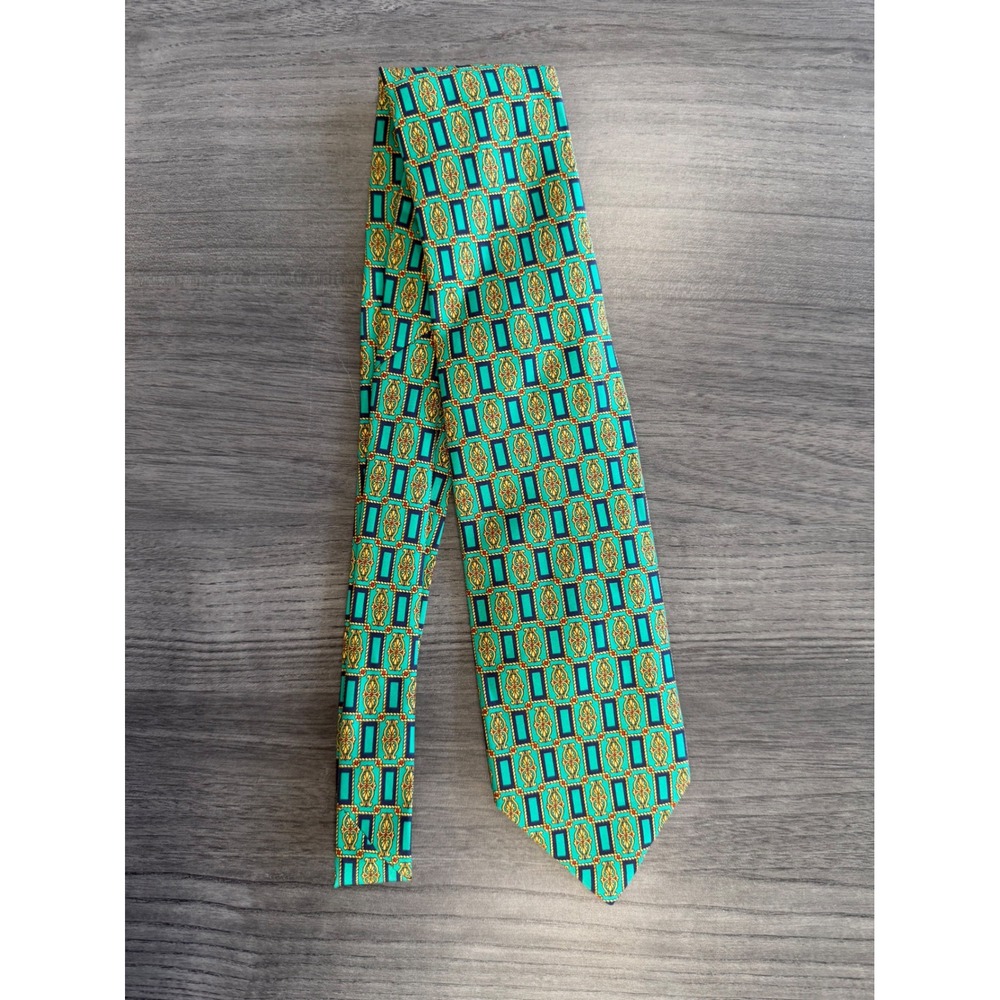 Benjamin James 100% Silk Tie Made England Green Geometric Y2K Preppy